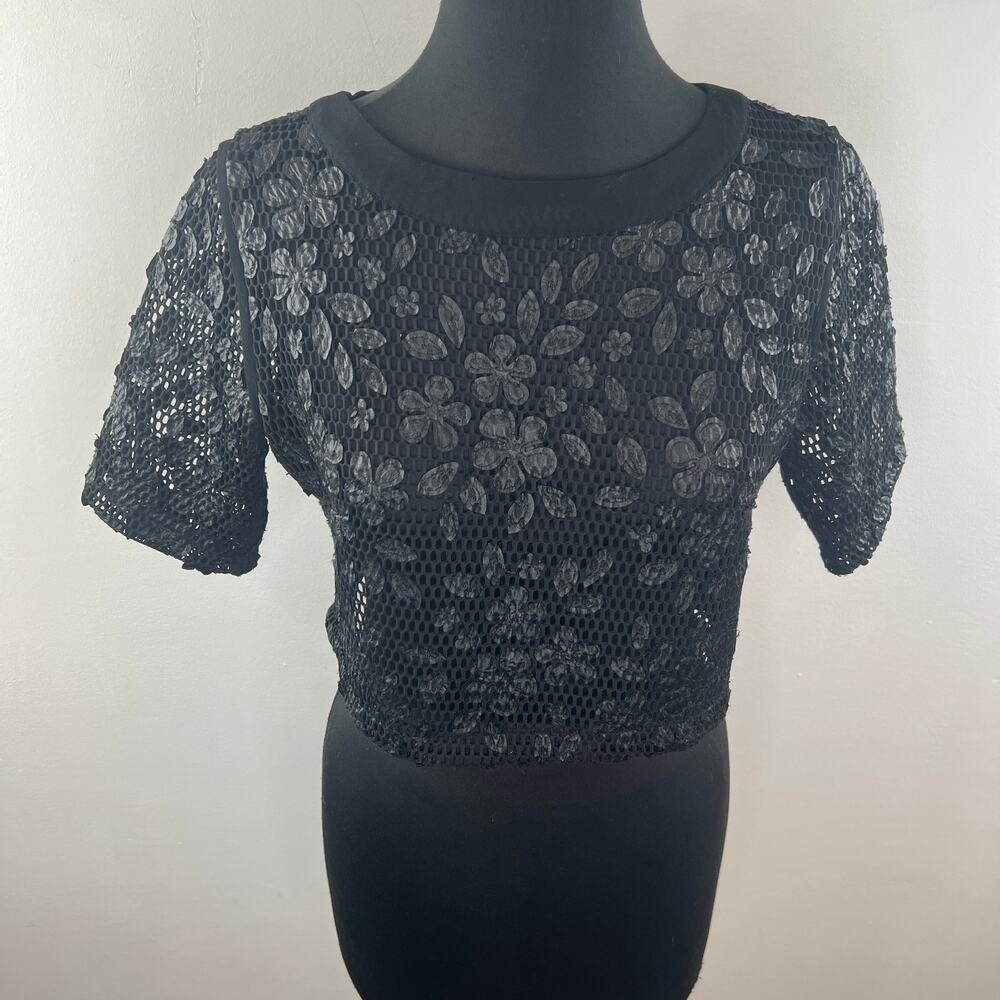 GRACIA Black Top Mesh Floral Crew Neck 3/4 Sleeve Back Zip Classic Size Large L - Picture 2 of 8